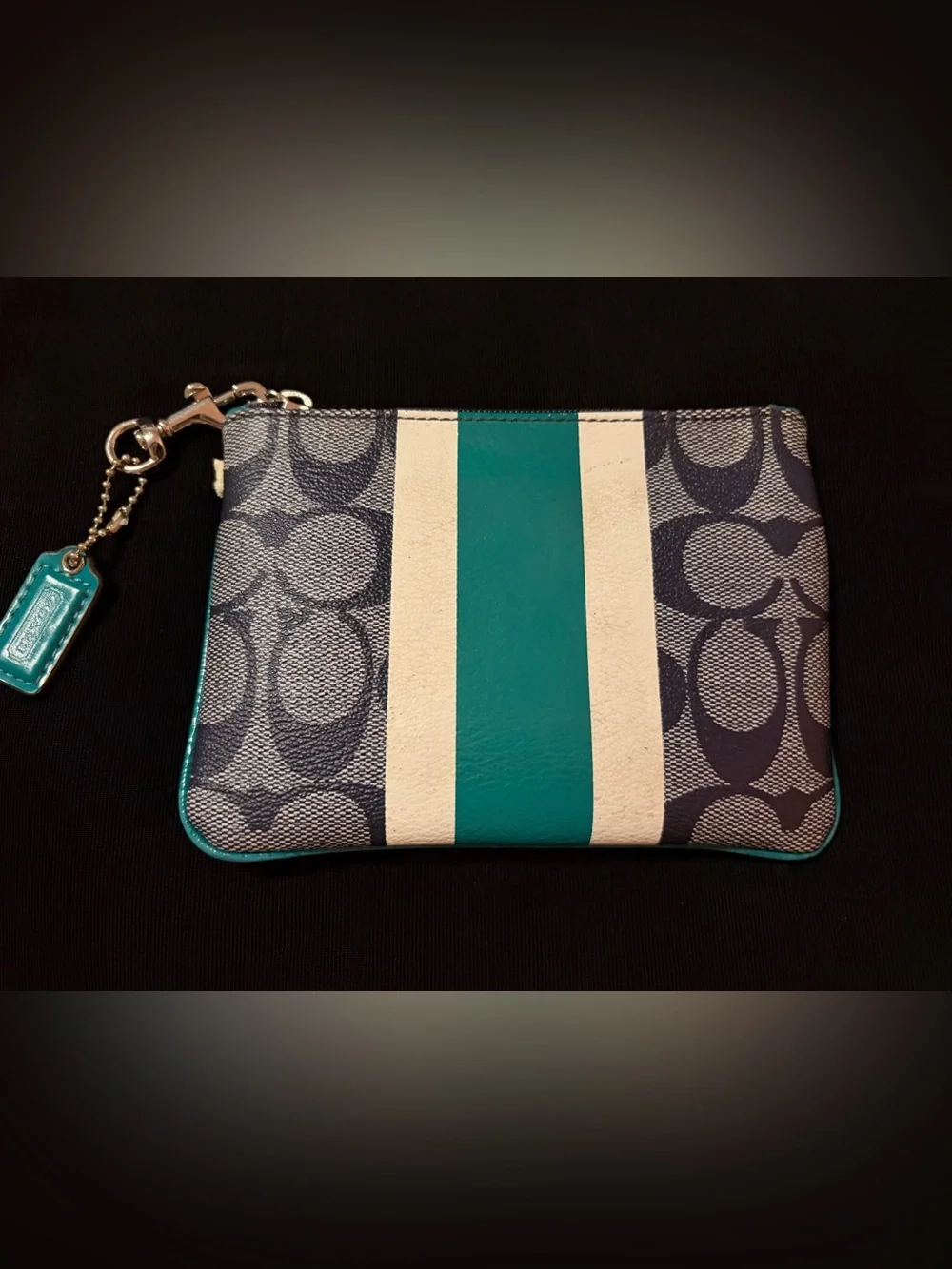 New Coach Navy Signature Stripe Teal and Cream Center